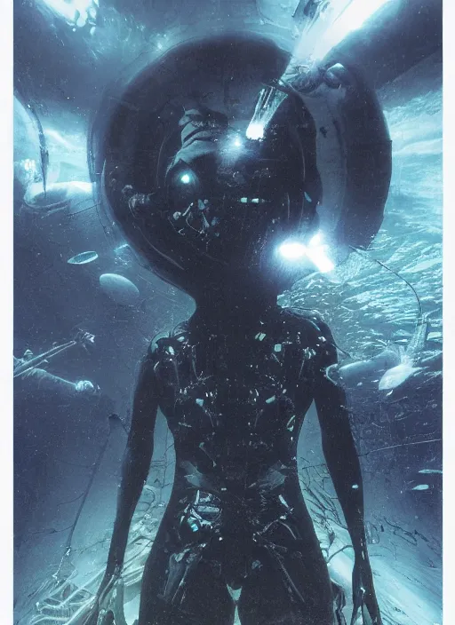 Image similar to astronauts in dark void underwater - complex and hyperdetailed technical suit. reflection and dispersion materials. rays and dispersion of light. volumetric light. f / 3 2. noise film photo. flash photography. ultra realistic, wide angle. poster by wayne barlowe, hajime sorayama aaron horkey, craig mullins