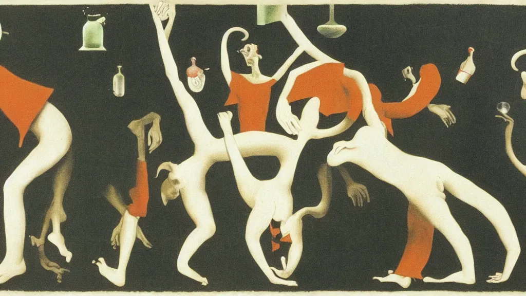 Image similar to A vintage scientific illustration from the 1970s of a men dancing with the devil by René Magritte