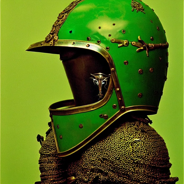 Image similar to portrait of a knight in a ornate motorcycle dirt helmet, background green plastic bag,, by zdzisław beksinski, elegant, fashion studio, ighting, 3 5 mm, edward hopp