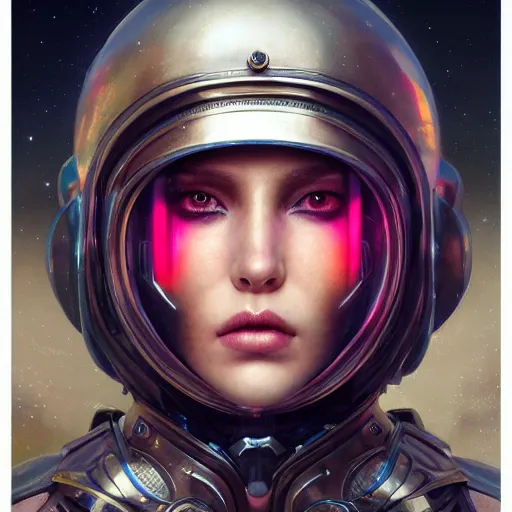 Image similar to tom bagshaw, rainbow lighting world curiosities carnival stars, photorealistic medium shot octane render of a single very beautiful thicc female helmet face full long cyberpunk metallic armored ornate, accurate features, focus, very intricate ultrafine details, award winning masterpiece