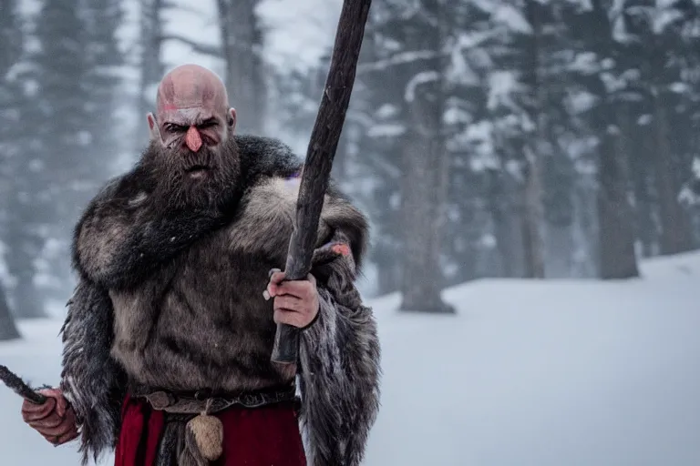 Image similar to vfx movie strong bald man in furs, natural grizzled skin, streaks of red face paint grey beard, holding two detailed viking axes, in snowy tahoe, god of war by emmanuel lubezki