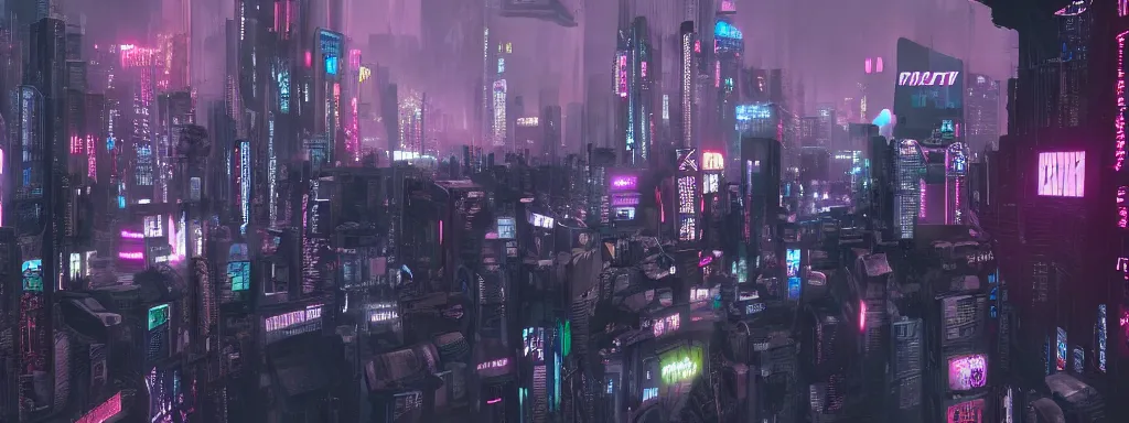 Image similar to matte painting of a dark neon cyberpunk city in the film ghost in the shell, trending on artstation, 8k, ultra hd