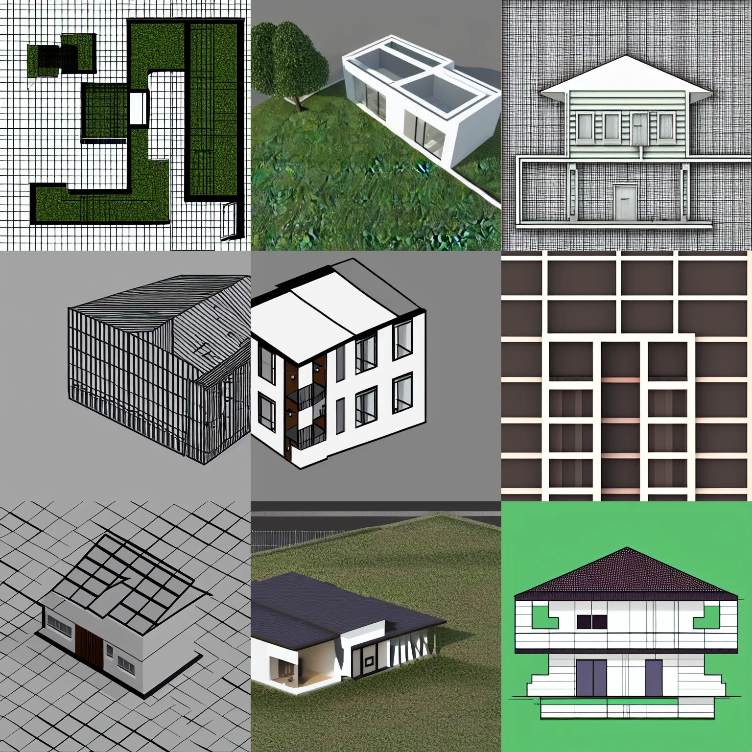 Prompt: 2 d image of a house placed on a 3 d grid, digital art, minimalist