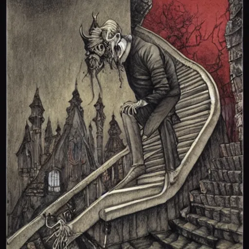 Prompt: the devil does a tap dance, by Santiago Caruso, and M.C. Escher, fairy-tale illustration style, very detailed, colorful, beautiful, eerie, surreal, psychedelic