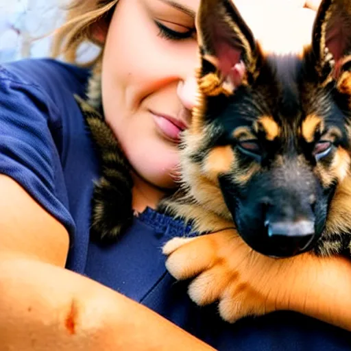 Image similar to german shepherd sleeping in arms with a kitten