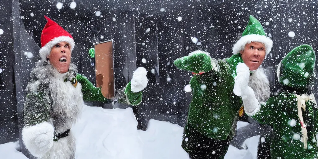 Prompt: ultra wide angle photo of will ferrel dressed as buddy the elf, from the movie elf, looking at himself in a bathroom mirror and seeing his reflection as bumble, the abominable snow monster from the north