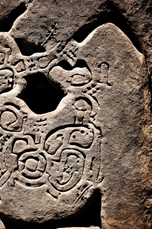 Image similar to 4 k photography of petroglyphs representing crosses, ufo, yin yang symbol on a cave