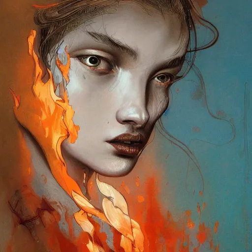 Image similar to a painting of a fire nymph by james jean, high detail, trending on artstation