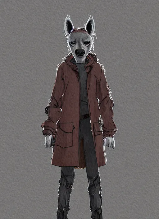 Image similar to digital artwork of anthromorphic hyena female, fursona, furry fandom, rainy cyberpunk setting, anthro, wearing large raincoat,