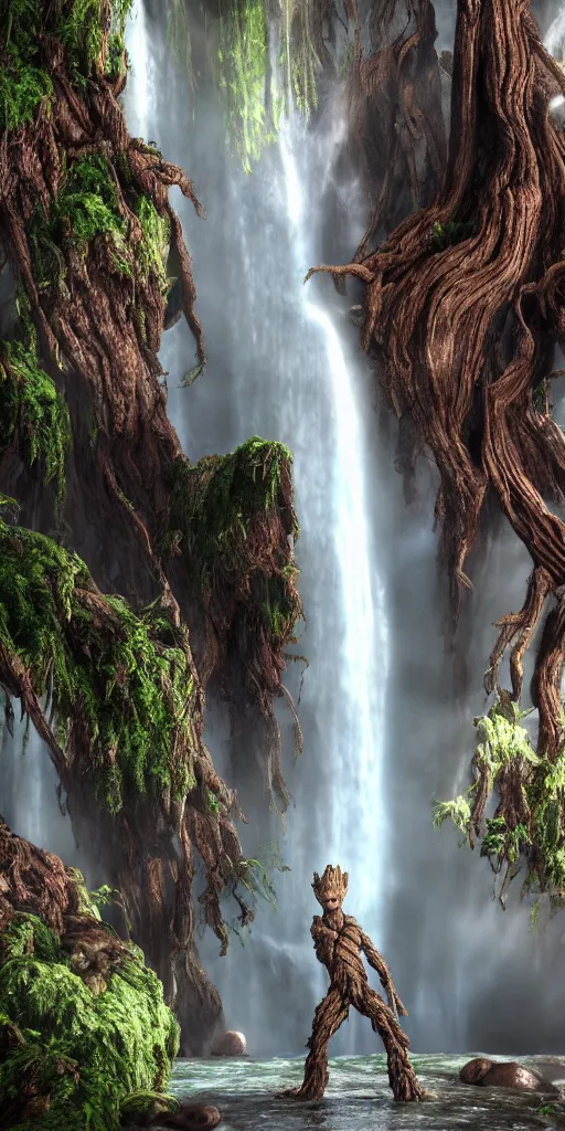 Prompt: photorealistic wide shot portrait of Groot under waterfall, octane render, unreal engine 4k, volumetric light, fog, detailed