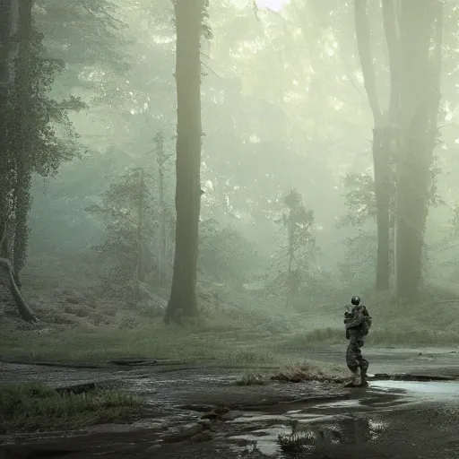 Prompt: drone footage of soldier and arachnoid from starship troopers movie on the old road in the forest lomography photo, playstation 5 screenshot, fine details, rain, rtx reflections, fog, night, photorealistic, unreal engine, octane render, volumetric light, featured on cg society, 4 k, 5 0 mm bokeh