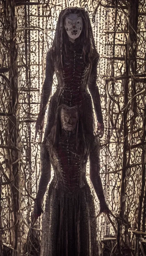 Image similar to dressed anya taylor - joy as pinhead, symmetrical, cinematic, elegant, dark, real photography, costume made by clive barker, 4 k, ultra hd, sense of awe