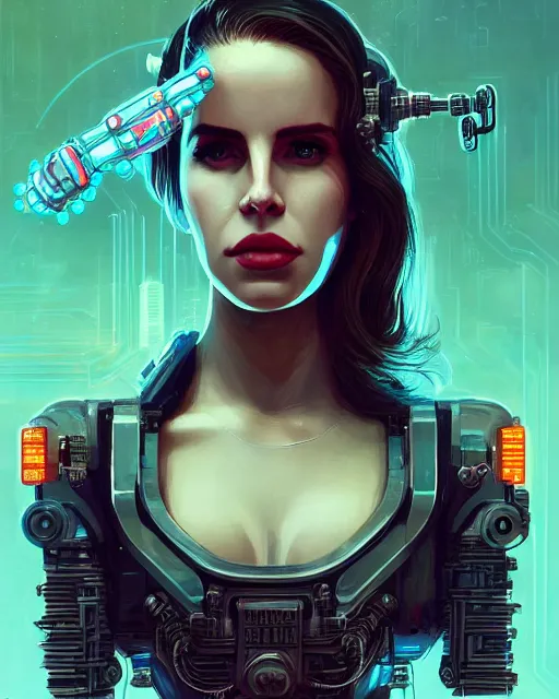 Image similar to portrait of lana del rey as a cyberpunk cyborg. rose on mouth, sci - fi, missing panels, intricate abstract upper body intricate artwork, by tooth wu, wlop, beeple, dan mumford. concept art, octane render, deviantart, greg rutkowski, cinematic, key art, hyperrealism, iridescent accents