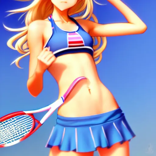 Image similar to a very beautiful young anime tennis girl, full body, long wavy blond hair, sky blue eyes, full round face, short smile, bikini, miniskirt, front view, medium shot, mid - shot, highly detailed, cinematic wallpaper by stanley artgerm lau