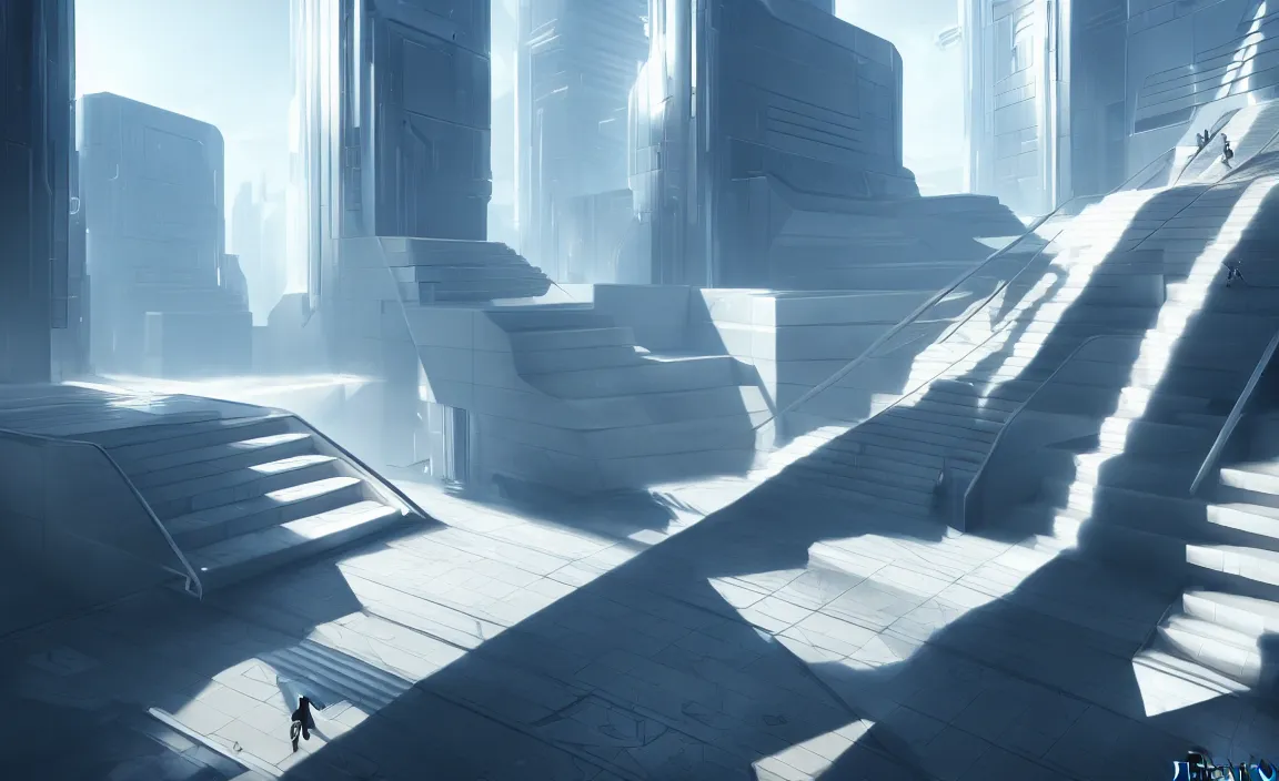 Prompt: long stairs to huge white buildings, sunshine, futuristic. game cg, hyperdetailed, trending on cgsociety