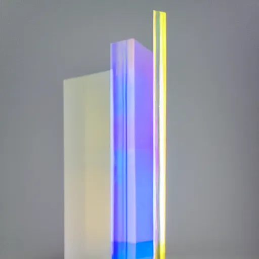 Image similar to an ultra high definition professional studio quality photograph of a transparent iridescent perspex pastel coloured sculpture in an empty white room. dramatic lighting, ray tracing, refraction, shallow d. o. f, colour corrected, golden ratio, three point light. volumetric shadows. god rays.