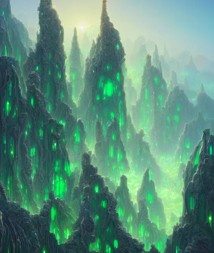 Image similar to a detailed digital painting of a crystalline palace made of gleaming emeralds, by moebius and tyler edlin and lee madgwick, trending on artstation, digital art, 4 k resolution, detailed, beautiful render, octane render, high quality, sharp focus, hq artwork, coherent, insane detail, concept art