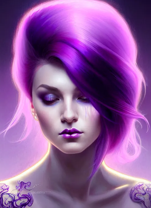 Image similar to Purple hair relistic Portrait of woman with bright colored hair, all shades of purple. Beauty face, Hair coloring, fantasy, intricate, elegant, highly detailed, digital painting, artstation, concept art, smooth, sharp focus, illustration, art by artgerm and greg rutkowski and alphonse mucha