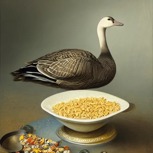 Prompt: a goose eating cereal oil on canvas, intricate, portrait, 8k highly professionally detailed, HDR, CGsociety