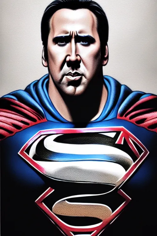 Image similar to portrait of nicolas cage as superman looking away from the camera, intricate, hyperrealistic, extremely detailed pencil drawing by simon stalenhag and greg rutkowski, artstation