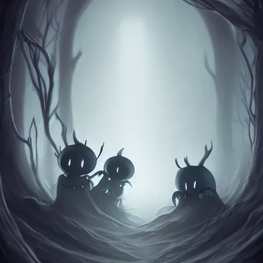 Image similar to love at the bottom of the abyss, athmospheric 4k, foggy atmosphere, scary picture, hollow knight, dark shadows, artstation, deviantart, beautiful digital painting