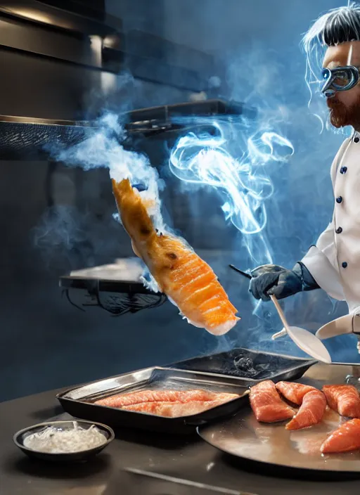 Prompt: cyberpunk chef frying up fish in a futuristic kitchen, neon lights, smoke and fire, extremely detailed and hyper realistic, octane render