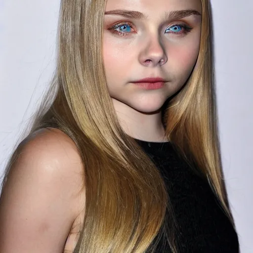 Prompt: brunette with dyed blonde hair, 21 years old, 165 cm tall, long flat blonde hair, eyes green, 30% smaller nose, smaller mouth, round shaped face, big forehead, lop eared, thin eyebrows,chloe grace moretz lookalike, real life photograph