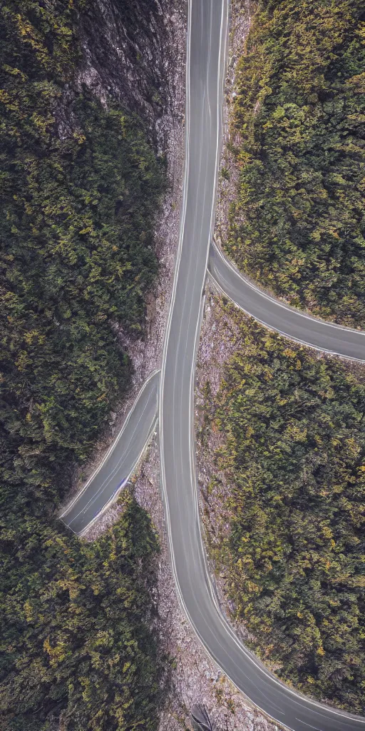 Image similar to detailed dji mavic flying over a mountain road, photo, kodak portra 4 0 0, direct flash, cinematic lighting, anti aliasing