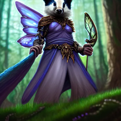 Image similar to Fairy Badger magus, Tzeentch, portrait, druid, nature, fairy, forest background, magic the gathering artwork, D&D, fantasy, cinematic lighting, centered, symmetrical, highly detailed, digital painting, artstation, concept art, smooth, sharp focus, illustration, volumetric lighting, epic Composition, 8k, art by Akihiko Yoshida and Greg Rutkowski and Craig Mullins, oil painting, cgsociety