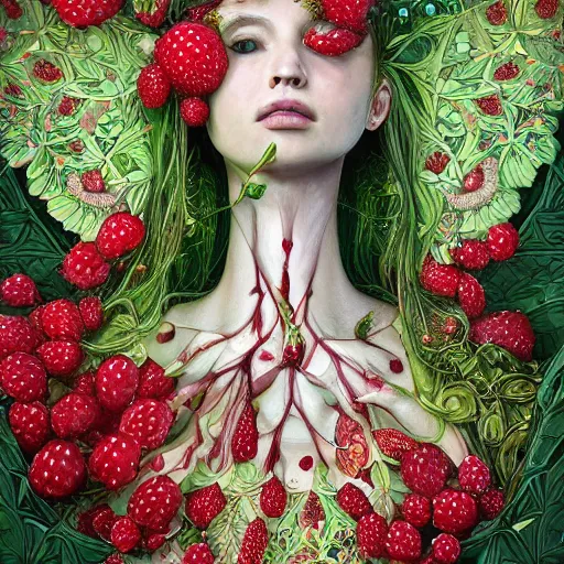 Prompt: the portrait of an absurdly beautiful, graceful, elegant, chaste, young woman made of strawberries and green petals looking up, an ultrafine detailed illustration by kim jung gi, irakli nadar, intricate linework, bright colors, octopath traveler, final fantasy, angular, unreal engine 5 highly rendered, global illumination, radiant light, detailed and intricate environment