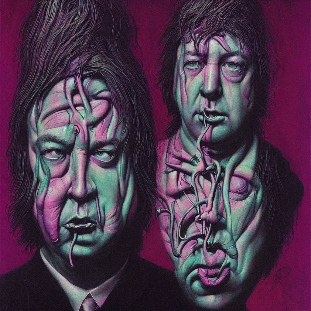 Image similar to psychedelic portrait of bill hicks smoking in the style of hans giger, alex grey, lynchian atmosphere, film noir, concept art, art by kuvshinov ilya and zdislav beksinski and wayne barlowe, vivid colors