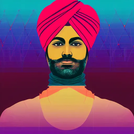 Prompt: a portrait of an indian man with a turban, in retro colors, synthwave style, 2 d digital vector art