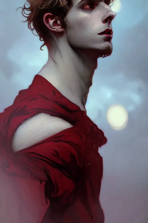 Prompt: portrait of a beautiful young fit male vampire with curly blond hairs and pale skin, dressed with urban clothes, by greg rutkowski and alphonse mucha, d & d character, gradient white to red, modern nocturnal background, highly detailed portrait, digital painting, artstation, concept art, smooth, sharp focus ilustration, artstation hq