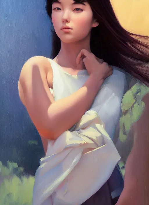 Image similar to oil painting by ilya kuvshinov,, baugh casey, rhads, coby whitmore, of a youthful japanese beauty, long hair, standing holding a outdoors by vending machines, highly detailed, breathtaking face, studio photography, dawn, intense subsurface scattering, blush, supple look, innocence, intense sunlight