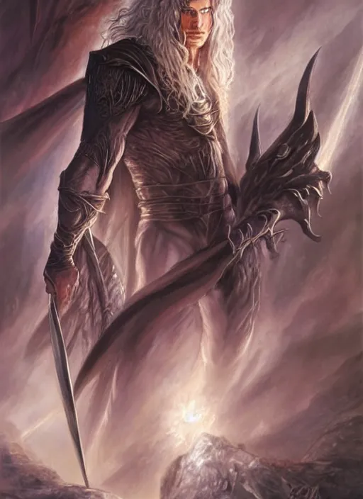 Image similar to a fantasy comic book style portrait of drizzt do'urden, oil painting by boris vallejo and julie bell and luis royo, full body portrait, hyper realistic, hd, intricate, elegant, character design, concept art, cinematic lighting