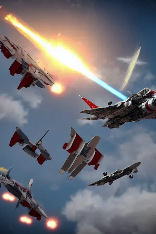 Image similar to 8k ultrarealistic dogfight in the sky between Starscream and Jetfire from Transformers