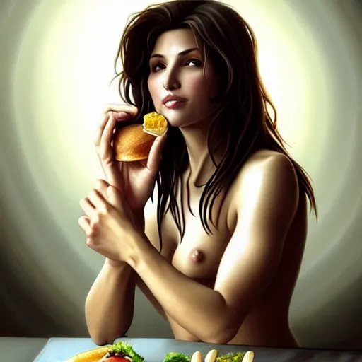 Prompt: portrait of Gina Gershon eating hamburgers, extra onions and ketchup, luscious patty with sesame seeds, feminine ethereal, handsome, D&D, fantasy, intricate, elegant, highly detailed, digital painting, artstation, concept art, matte, sharp focus, illustration, art by Artgerm and Greg Rutkowski and Alphonse Mucha