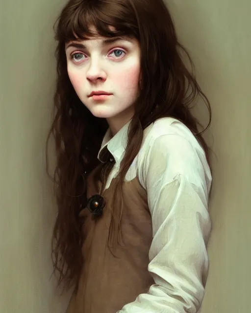 Prompt: portrait of a welsh teenage girl with brown hair, dark brown eyes, glowing skin, delicate features, quiet beauty, amelie poulain, fantasy, intricate, elegant, floral, dress shirt, highly detailed, digital painting, artstation, concept art, smooth, sharp focus, illustration, art by Krenz Cushart and Artem Demura and alphonse mucha