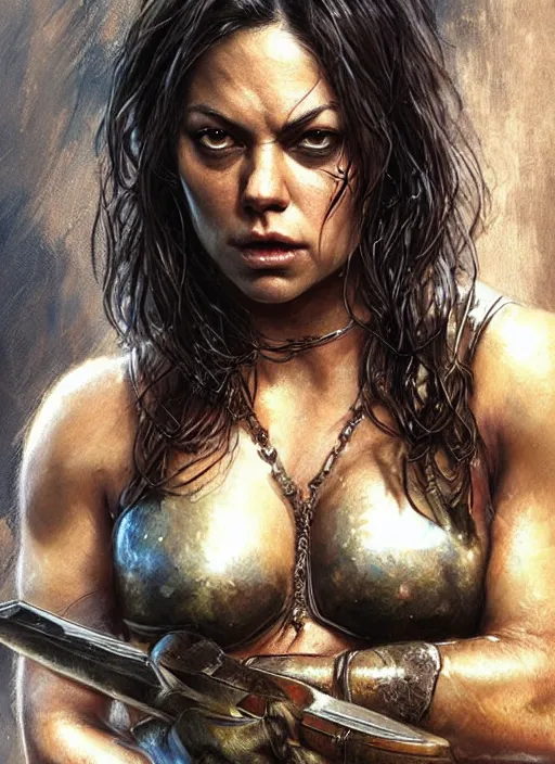 Image similar to exhausted Mila Kunis as a very muscled rugged looking Amazon, dirty, sweating, intricate, elegant, highly detailed, artstation, concept art, sharp focus, art by artgerm and donato giancola and Joseph Christian Leyendecker, WLOP