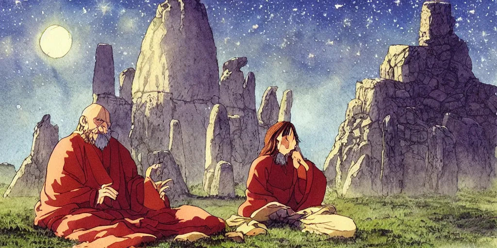 Prompt: a hyperrealist studio ghibli watercolor fantasy concept art of a giant long haired medieval monk in lotus position in stonehenge with a starry sky in the background. a giant ufo from independence day ( 1 9 9 6 ) is floating in the air. by rebecca guay, michael kaluta, charles vess