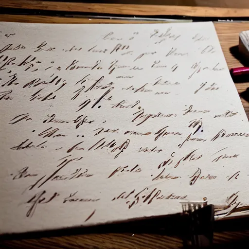 Prompt: studio shot with studio lighting of a beautiful handwriting, inks, quill, calligraphy, on handmade paper,