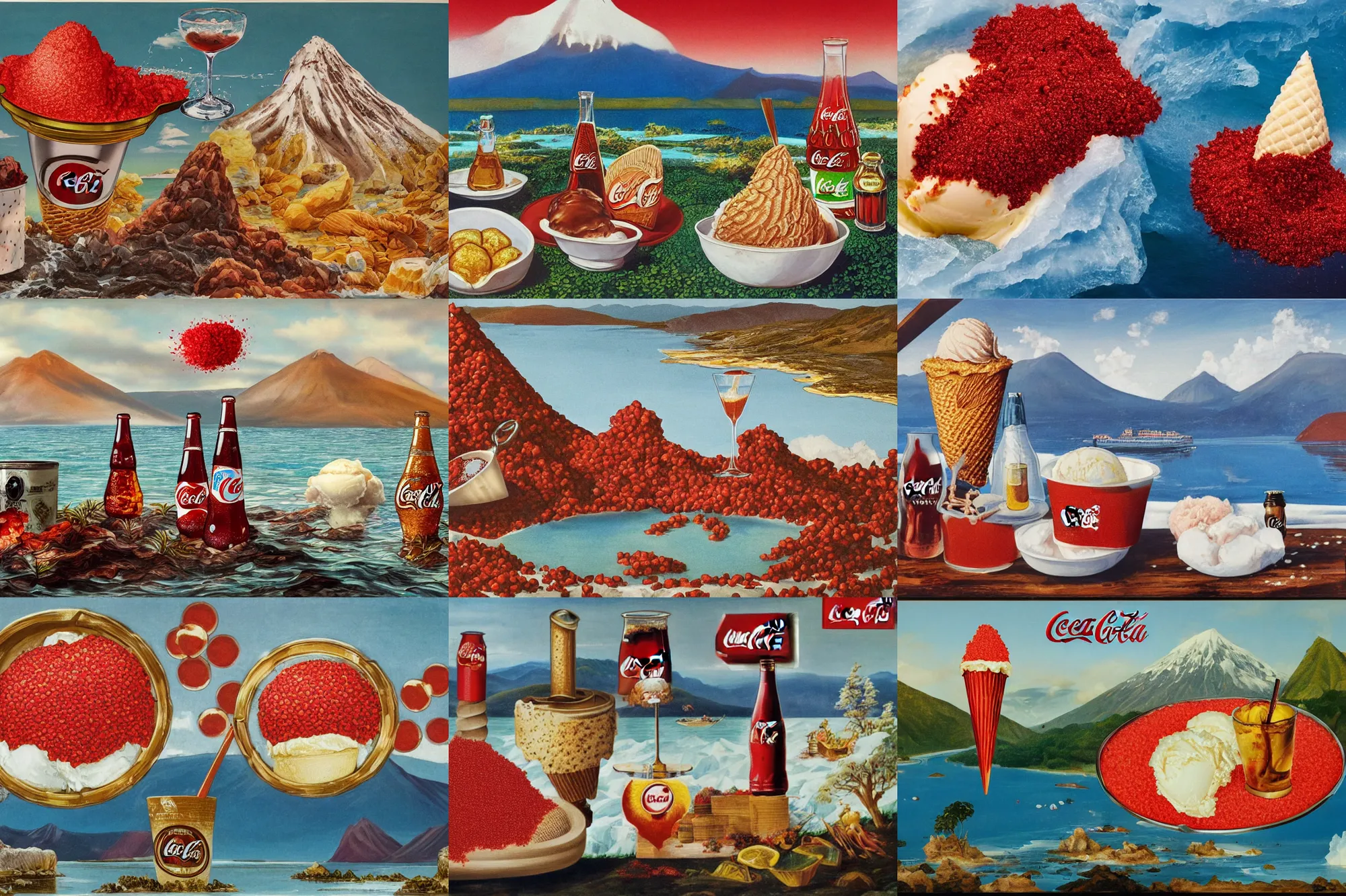 Prompt: a large island of red caviar and ice cream in the center of which there are mountains with ice cream ( five scoops ice cream cone original oil by suekill ), instead water coca cola ( cold brew coffee ), big island, by hans thoma