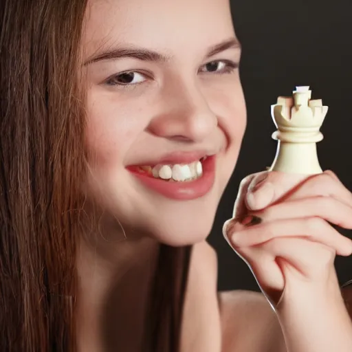 Prompt: a young woman holding a chess piece in her hands while smiling seductively, photo realistic, hyper detailed