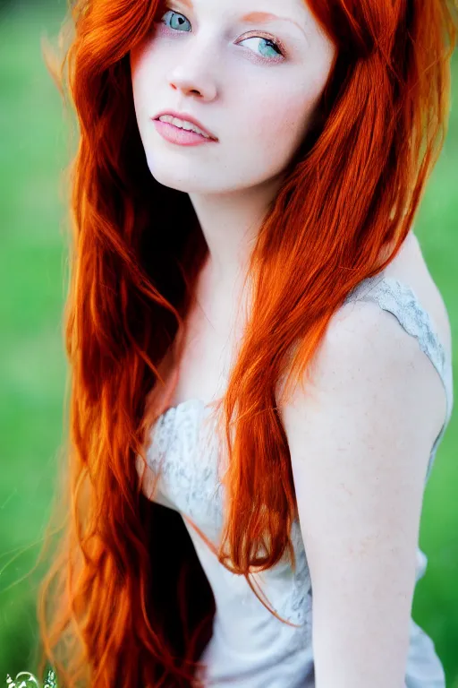 Image similar to a portrait of a redhead beautiful girl, green eyes, highly detailed, 3 5 mm f 1. 4 background silver fir