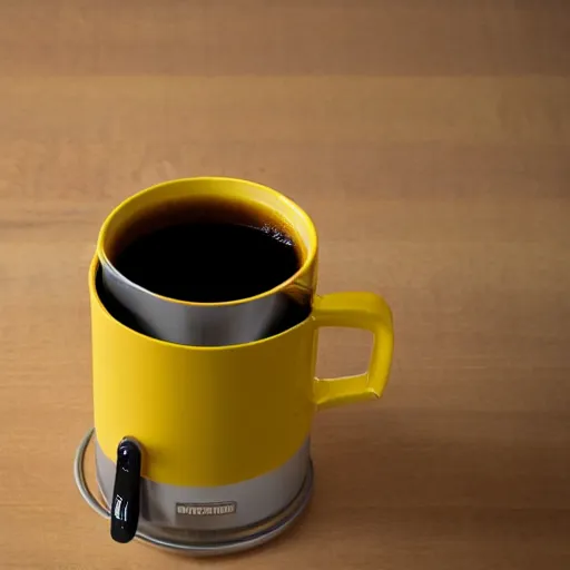 Prompt: yellow coffee mug that looks like a rimowa portmanteau, steaming coffee