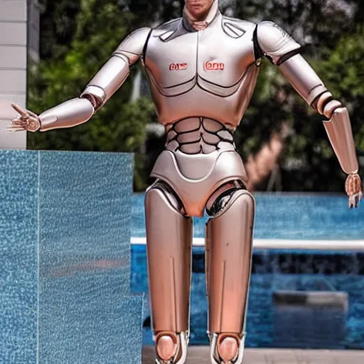 Image similar to made of ice, a realistic detailed photo of a guy who is an attractive humanoid who is half robot and half humanoid, who is a male android, on display, blank stare, showing off his muscles, shiny skin, posing like a statue, by the pool, frozen ice statue, f 1 driver max verstappen, humanoid robot