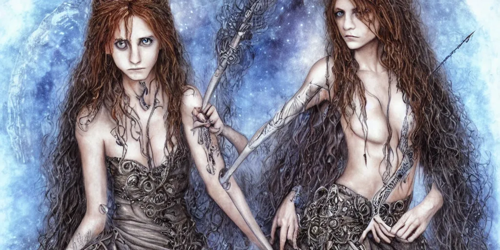 Image similar to dressed Hermione in tattoos conjuring with a magic wand, by luis royo, beautiful gown, beautiful eyes, Beautiful face, by Aggi Erguna, high detail, high resolution, art from harry potter