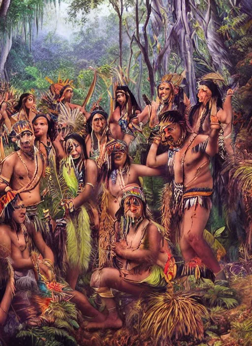 Prompt: a beautiful painting of indigenous people celebrating in the jungle, fantasy art, matte painting, highly detailed