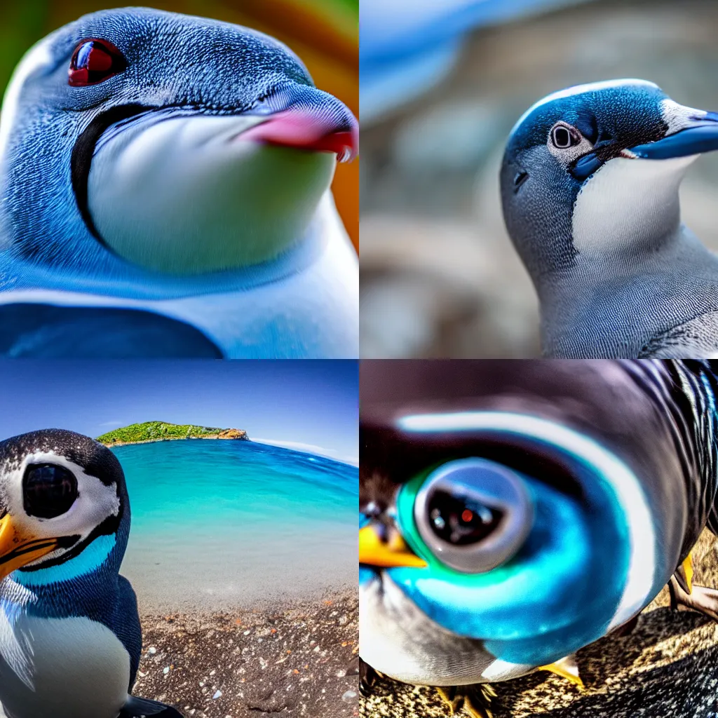 Prompt: Fisheye lens distortion extreme closeup of a blue penguin onto gopro