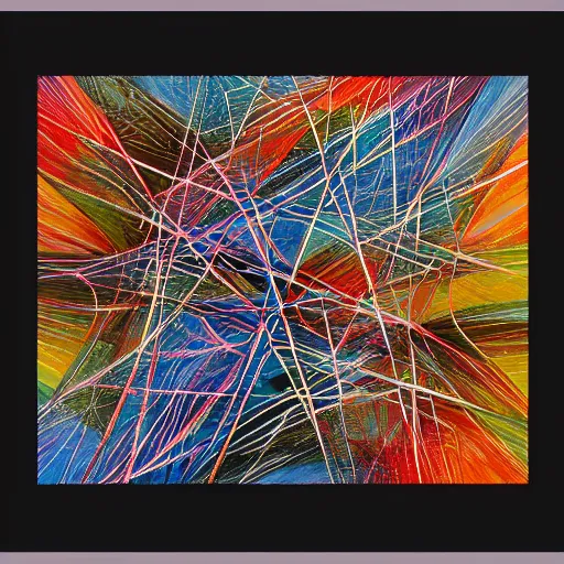 Image similar to a gorgeous abstract composition consisting of intersecting lines that create regular right triangles of varying sizes, wild brush strokes, beautiful gradients, and interweaving decorative acanthus design elements, mixed media, award winning painter, elements of realism, a balance of small, medium and large design elements, symmetrical design 8k